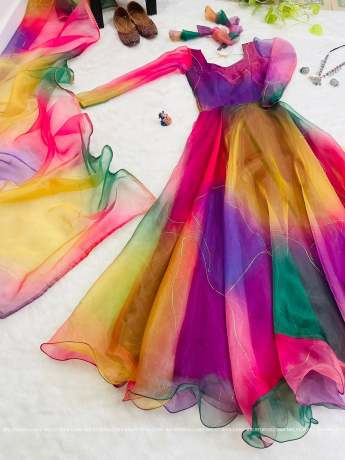 Imperial Dark Rainbow Pure Organza Party Wear Gown  Gown