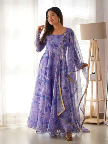 Kalamkari Digital Printed Pure Organza Anarkali Gown