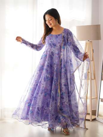 Kalamkari Digital Printed Pure Organza Anarkali Gown