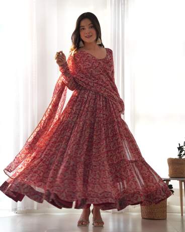 Liberty Layered Maroon Digital Printed Georgette Anarkali Gown  Gown