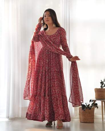 Liberty Layered Maroon Digital Printed Georgette Anarkali Gown  Gown