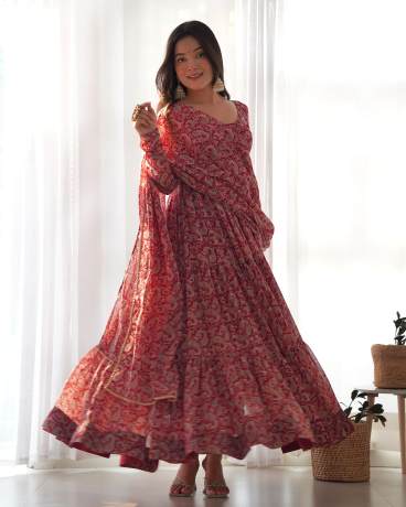 Liberty Layered Maroon Digital Printed Georgette Anarkali Gown  Gown
