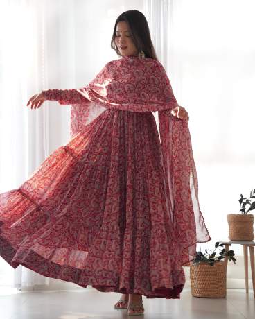 Liberty Layered Maroon Digital Printed Georgette Anarkali Gown  Gown
