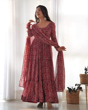 Liberty Layered Maroon Digital Printed Georgette Anarkali Gown  Gown