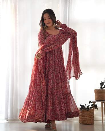 Liberty Layered Maroon Digital Printed Georgette Anarkali Gown  Gown