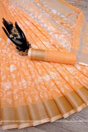 Linen Handloom Cotton With Zari Woven Border Peach Saree  Cotton Saree