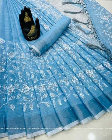 Linen Handloom Cotton With Zari Woven Border Sky Saree  Cotton Saree