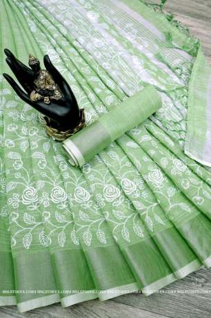 Linen Handloom Cotton With Zari Woven Border Green Saree  Cotton Saree