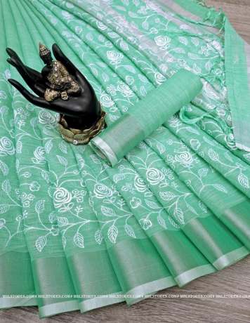 Linen Handloom Cotton With Zari Woven Border C-Green Saree  Cotton Saree