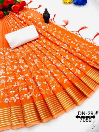  Linen Handloom Orange Weaving With ChikanKari Work Saree  Cotton Saree