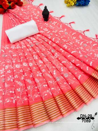  Linen Handloom Peach Weaving With ChikanKari Work Saree  Cotton Saree
