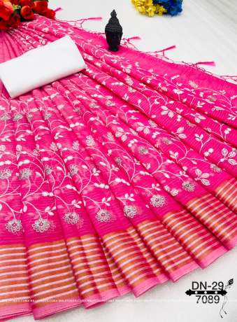  Linen Handloom Pink Weaving With ChikanKari Work Saree  Cotton Saree
