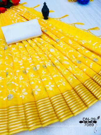  Linen Handloom Yellow Weaving With ChikanKari Work Saree  Cotton Saree