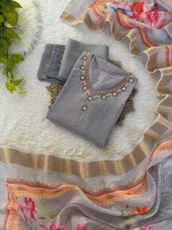 Nazar Grey Handworked Neck Designer Kurti Set Kurtis