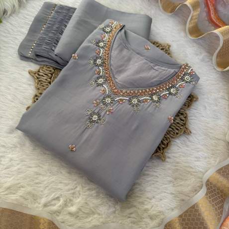 Nazar Grey Handworked Neck Designer Kurti Set kurtis