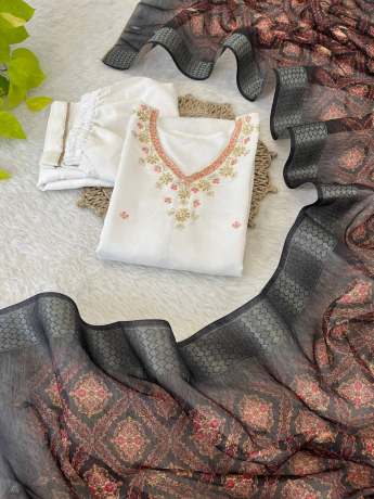 Nazar White Roman Silk Handwork Kurti Set Kurtis