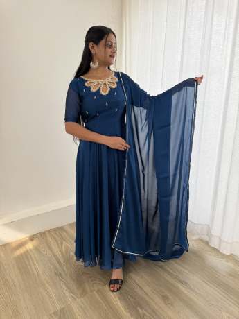 Neckless Handworked Black Rangoli Georgette Rama Gown  