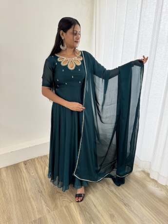 Neckless Handworked Black Rangoli Georgette Green Gown  