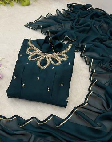 Neckless Handworked Black Rangoli Georgette Green Gown  Gown