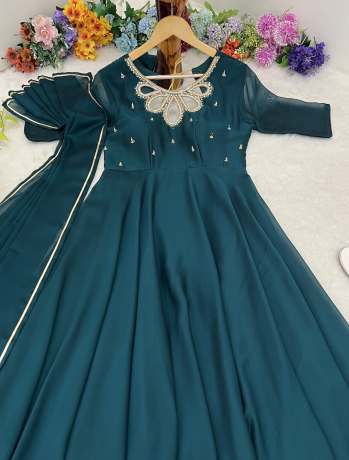 Neckless Handworked Black Rangoli Georgette Green Gown  Gown