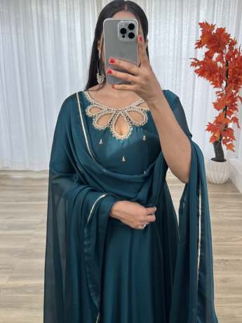 Neckless Handworked Black Rangoli Georgette Green Gown  Gown