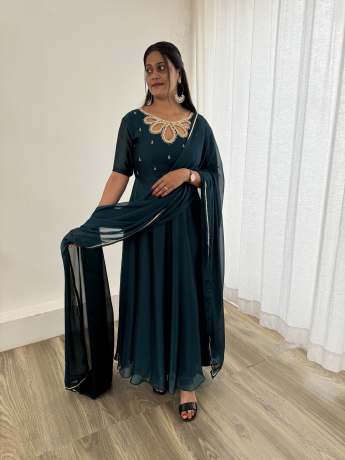 Neckless Handworked Black Rangoli Georgette Green Gown  Gown