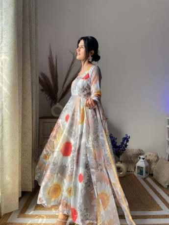 Opulent Grey Vintage Digital Printed Pure Organza Gown   Gown
