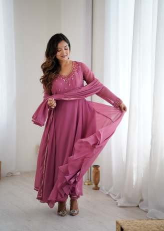 Peach Color Soft Georgette with handwork Anarkali Handloom Saree