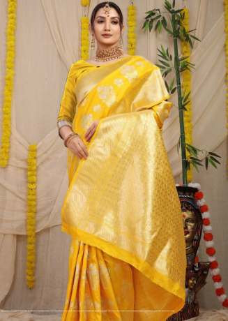 Pure Silk Golden Zari Weaving Yellow  Banarasi Saree  Banarasi Silk