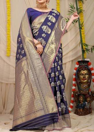 Pure Silk Golden Zari Weaving Navy Blue Banarasi Saree  Banarasi Silk