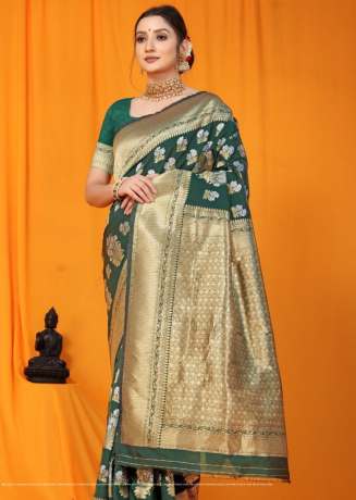 Pure Silk Golden Zari Weaving Forest Green Banarasi Saree  Banarasi Silk