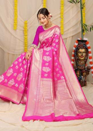 Pure Silk Golden Zari Weaving Pink Banarasi Saree  Banarasi Silk