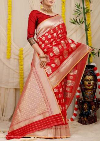 Pure Silk Golden Zari Weaving Red Banarasi Saree  Banarasi Silk