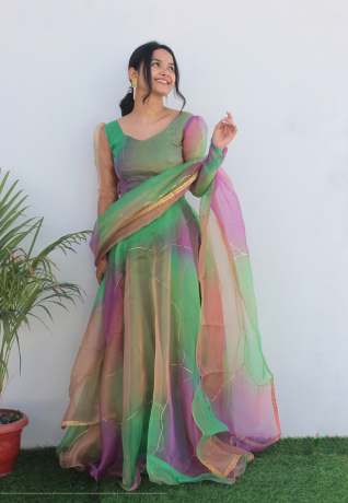  Rabba Rainbow Green Print Pure Organza Anarkali gown 