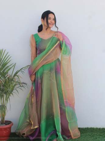  Rabba Rainbow Green Print Pure Organza Anarkali gown Gown