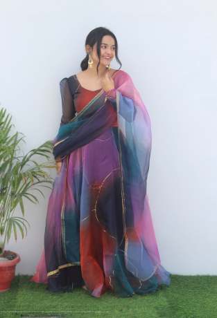 Royal Rabba Dark Print Pure Organza Anarkali Gown 