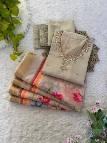 Sagar Beige Brown Handworked Kurti Set kurtis