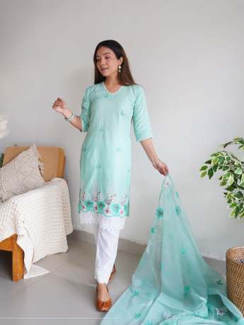 Sky Color Cotton Chikankari Kurtis Pant  Kurtis