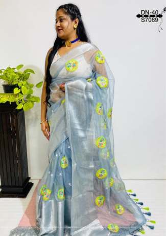 Spotted Silver Zari and Heavy Embroidery Work Teal Organza Saree  Sarees