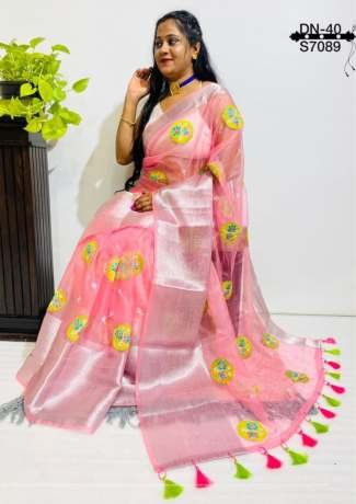 Spotted Silver Zari and Heavy Embroidery Work Pink Organza Saree  Sarees