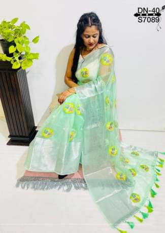 Spotted Silver Zari and Heavy Embroidery Work Lime Green Organza Saree  Sarees