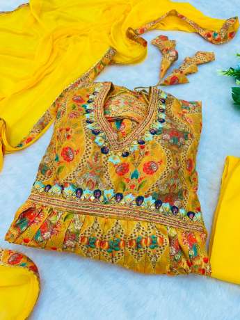 Prime Handloom Pure Maslin Haldi Yellow Anarkali Ethnic Wear 