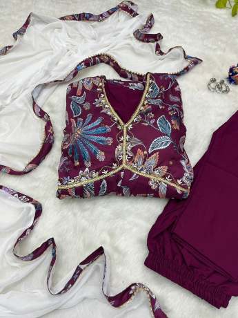 Trending Maroon Color Handmade Pure Maslin Anarkali  Gown