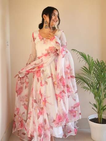 Vintage Digital Printed Pure Snow White Organza Gown Gown