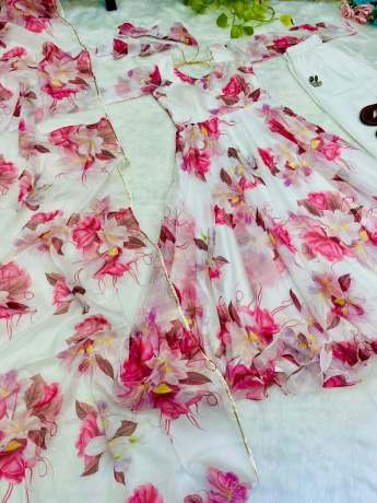 Vintage Digital Printed Pure Snow White Organza Gown Gown