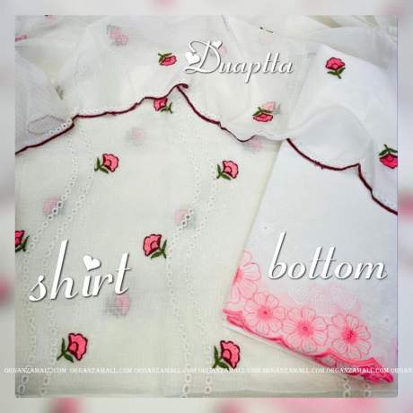 awesome pink embroidery worked kota doriya dress material with white bottom and duppta kota Doria Dress