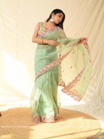 embroidery and floral cut work light green pure organza saree  Organza Saree