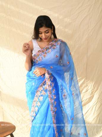 embroidery and floral cut work light royal blue pure organza saree  Sarees