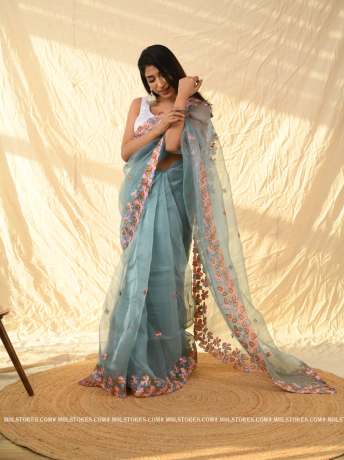 embroidery and floral cut work light teal pure organza saree  Sarees
