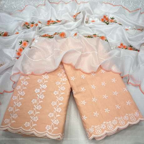 fancy light peach embroidery worked kota doriya dress material   Cotton Dress